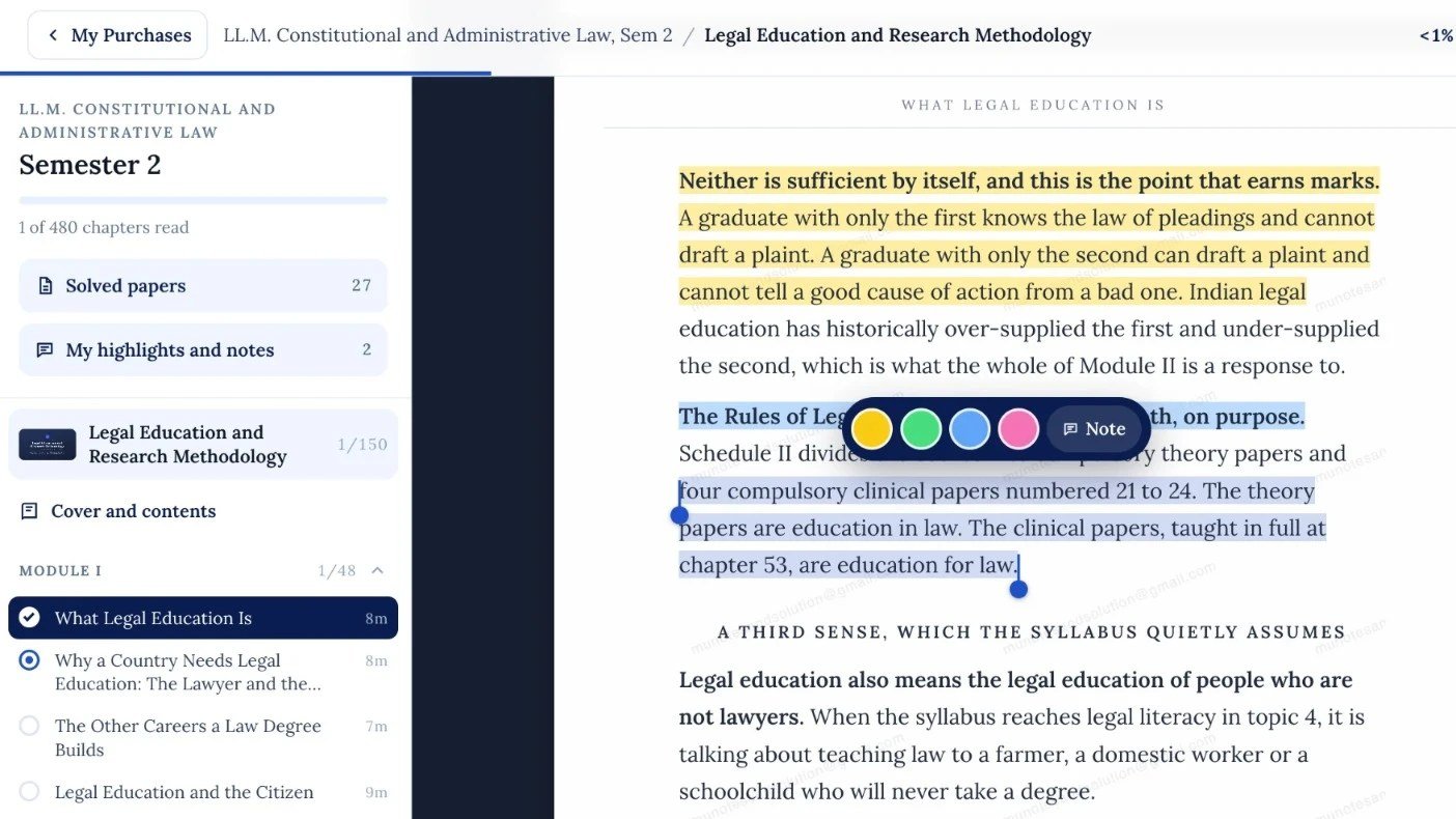 A chapter of LL.M. notes in the munotes study room, with one passage highlighted in yellow, a second being highlighted in blue, and the colour menu open